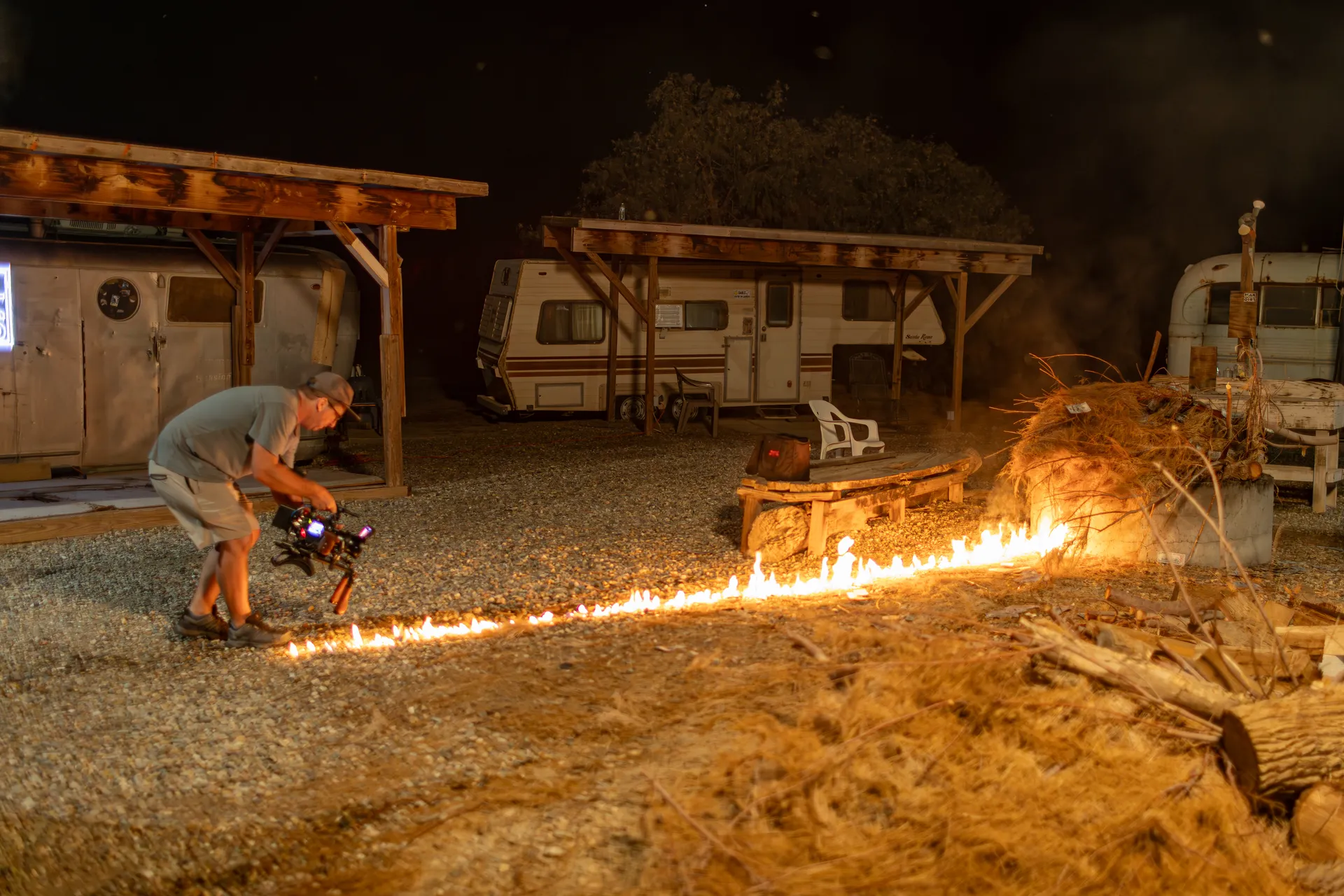 Lighting the gasoline trail on the set of Stuck in the Desert